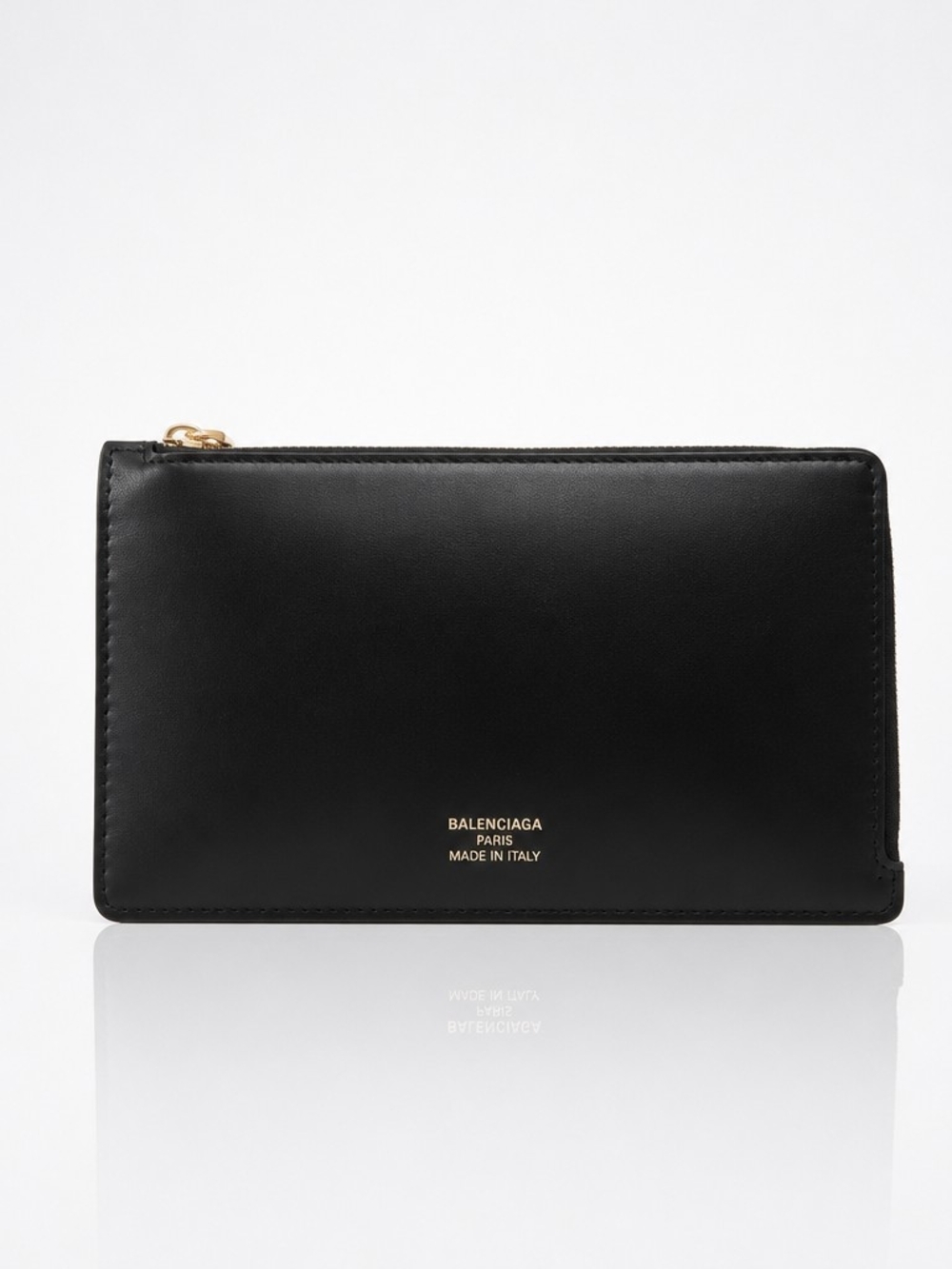 Balenciaga Black Leather Zip Wallet with Gold Logo